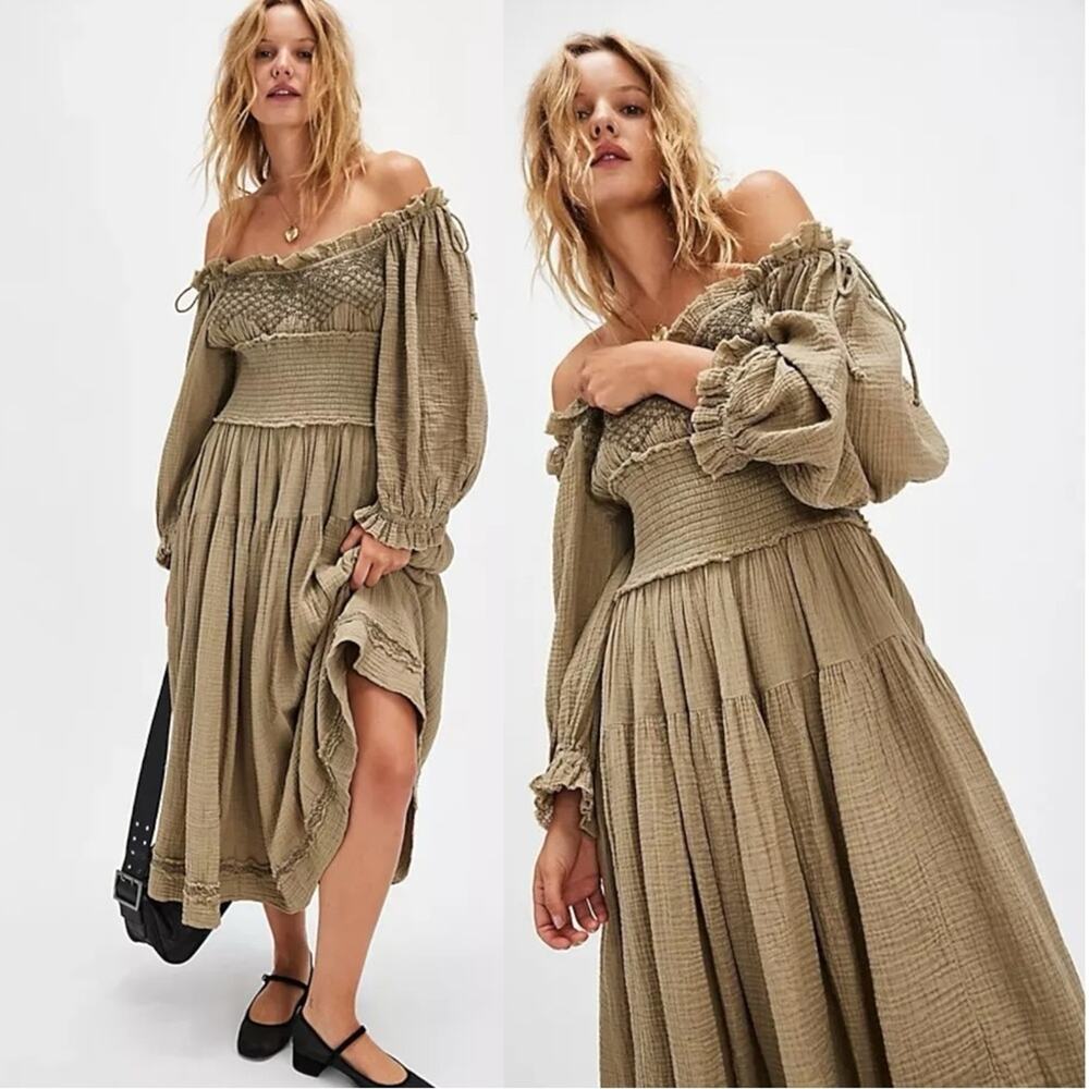 Free People Bohemian Witchy Gypsy Maxi Gauze Dress Olive Renaissance Medium